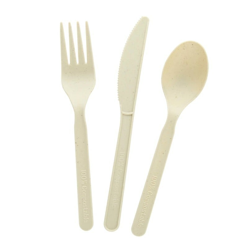 A bamboo fork, knife, and spoon for eco-friendly restaurants.